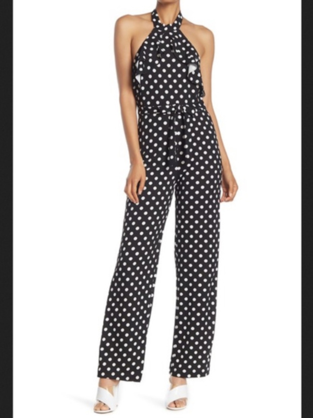 bebe Black and White Polka Dot Halter Jumpsuit
